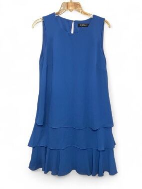Ralph Lauren Black Label Azure Blue Crinkle Georgette Tiered Mini Swing Dress
